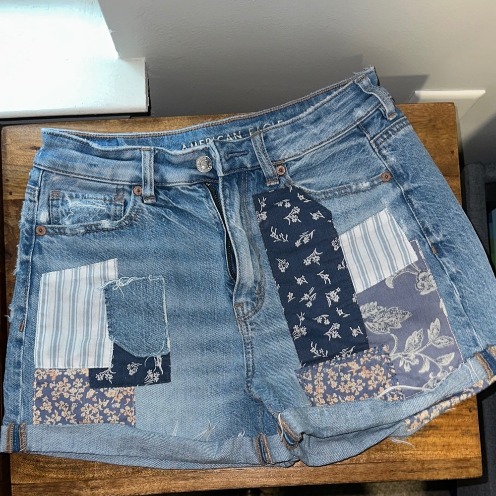American Eagle Outfitters Women's Blue Patchwork Jean Shorts